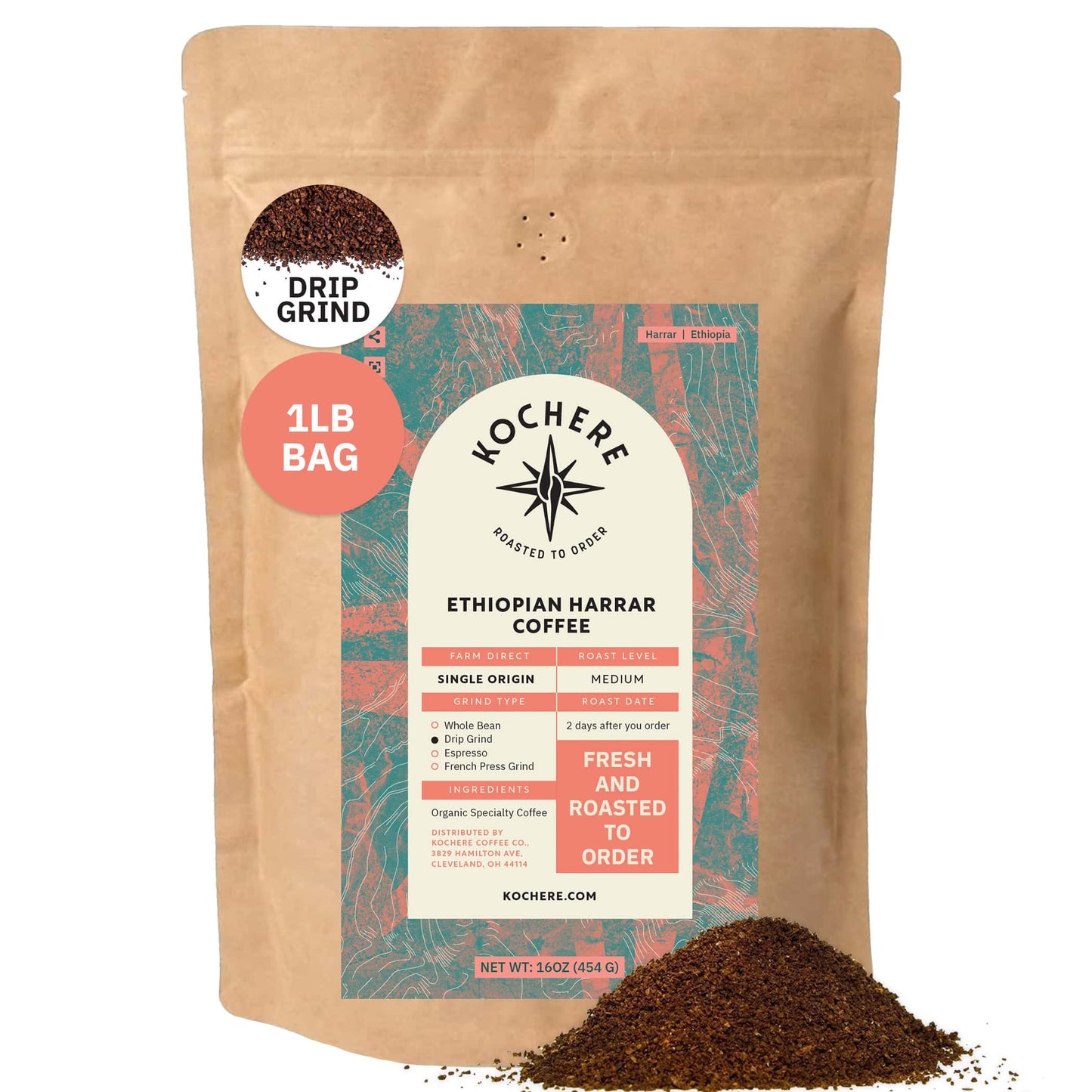Kochere Coffee Ethiopian Harrar Coffee – Single Origin Natural Medium Roast - Fruity, Berry, Dark Chocolate Notes