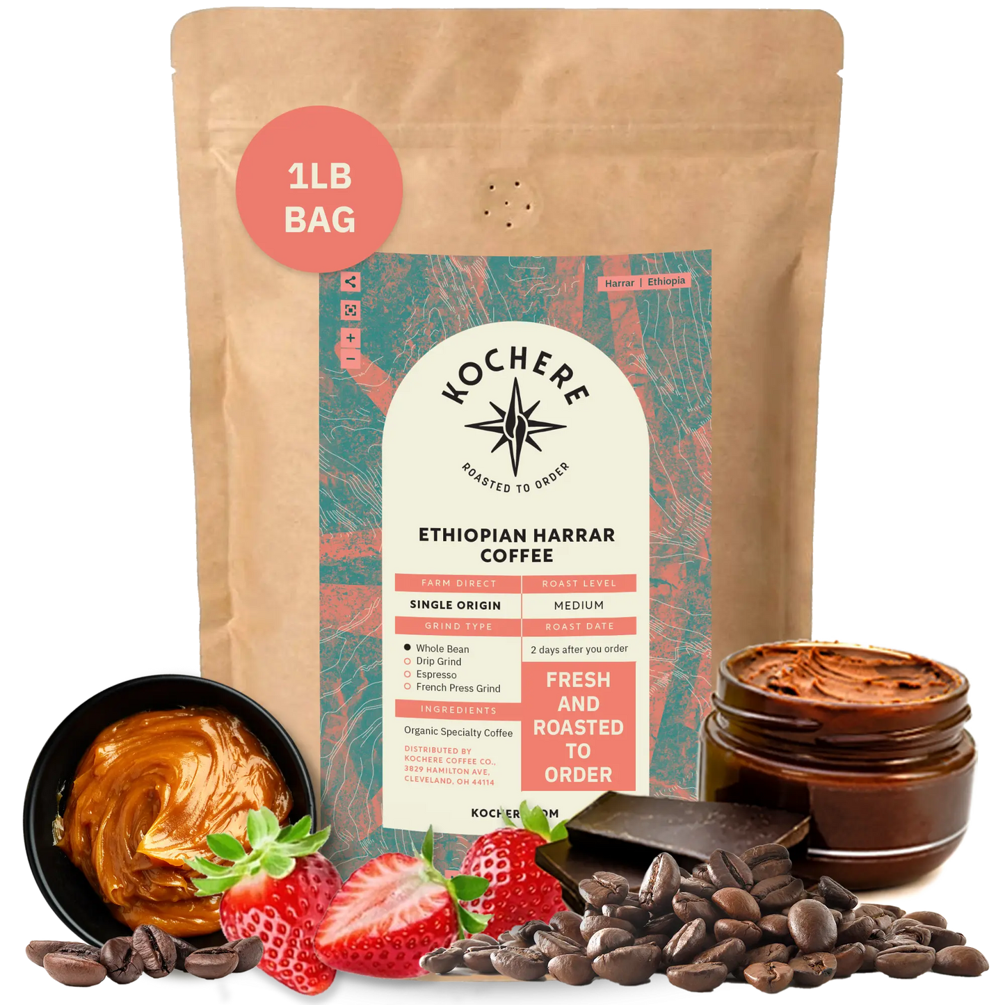 Kochere Coffee Ethiopian Harrar Coffee – Single Origin Natural Medium Roast - Fruity, Berry, Dark Chocolate Notes