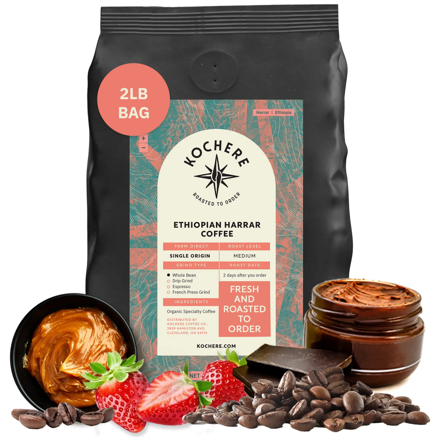 Kochere Coffee Ethiopian Harrar Coffee – Single Origin Natural Medium Roast - Fruity, Berry, Dark Chocolate Notes